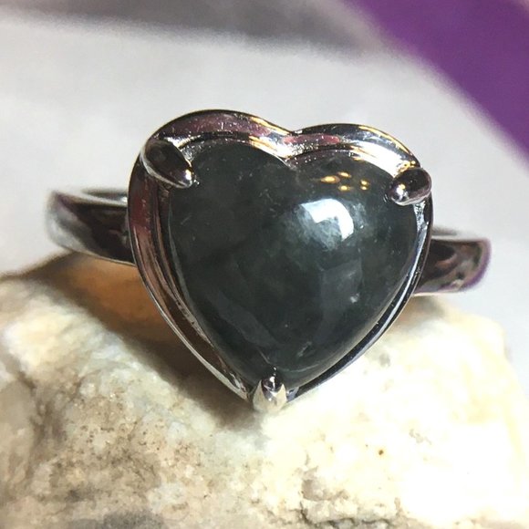 Burmese Black Jade Heart Ring .925 Type A RARE Sterling Silver